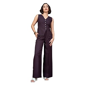 PURVAJA Womens Sleeveless Vests Trouser Solid Co-Ords