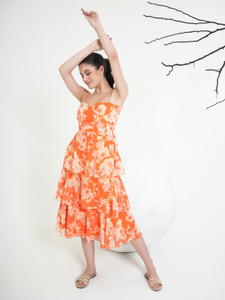 PURVAJA Women Layered Orange Midi Calf Length