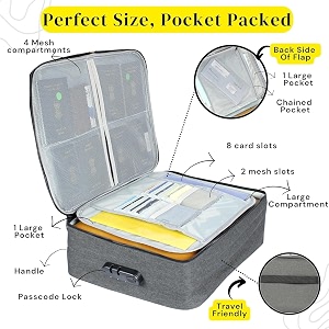 extra large document organizer bagwater-resistant travel storage bag certificate storage bag with password lock - can hold bank cards-best for homeofficetravel grey