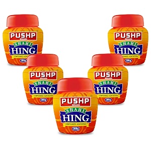 pushp brand shahi hing  200g  strongest hing powder  asafoetida with strong aroma amp authentic flavor  quality blend  perfect for cooking amp seasoning  no preservatives pack of 5