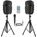 Pyle 10" Wireless Portable PA System - 1000W High Powered Bluetooth Compatible Active + Passive Pair Outdoor Sound Speakers w/USB SD MP3 AUX - 35mm Mount, 2 Stands, Microphone, Remote - PPHP1049KT