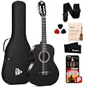 Pyle Beginner Acoustic Guitar Kit, 3/4 Junior Size All Wood Build Nylon String Instrument, Gig Bag, Strap, Extra String Set, Guitars for Beginners Adults and Youth, 36" (Black Gloss)