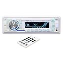 Pyle Stereo Marine Headunit Receiver - 12v Single DIN Style Digital Boat In dash Radio System w/ MP3 USB SD, AUX, RCA, AM FM Radio, Weatherband - Remote Control, Power Wiring Harness - PLMR19W (White)
