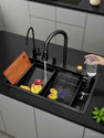Q-IMAGE Kitchen Sink 30x18x9 Inch with Integrated Waterfall and Pull-down Faucet Rectangular Shaped (75x46x21 cm) Vessel Sink (Black)