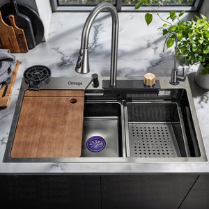q-image sink of kitchen 30x18x9 inch kitchen sink with in-build pull-down faucet and anti scretch nano black stainless steel multi functional kitchen sink vessel sink black