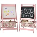 Qaba Art Easel for Kids with Paper Roll, 3 in 1 Toddler Painting Easel with Blackboard, Whiteboard, Storage Baskets, Pink