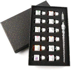 qalam kaari crystal glass dip pen with 12 colors ink calligraphy pack of 13 ink color - multicolor