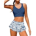 Qaoerde Girls Swimsuit Tropical Print Bikini Set with Ruffle Hem Two Piece Criss Cross Bathing Suits for Girls 7-16 Years