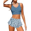 Qaoerde Girls Swimsuit Tropical Print Bikini Set with Ruffle Hem Two Piece Criss Cross Bathing Suits for Girls 7-16 Years