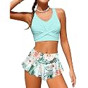 Qaoerde Girls Swimsuit Tropical Print Bikini Set with Ruffle Hem Two Piece Criss Cross Bathing Suits for Girls 7-16 Years