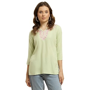 QAZMI Short Kurti for Women Embroidered Pashmina