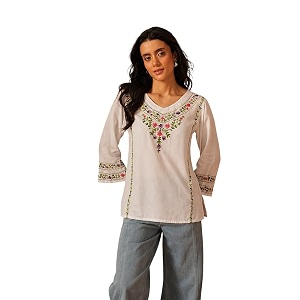 QAZMI Womens Amina Kashmiri Embroidered V-Neck Short