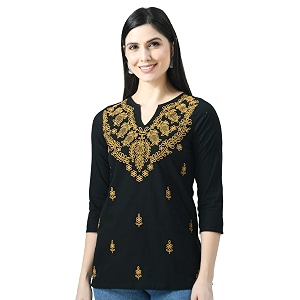 QAZMI Womens Cotton Straight Embroidered Kurti