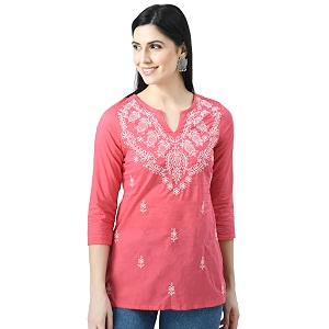 QAZMI Womens Cotton Straight Embroidered Kurti