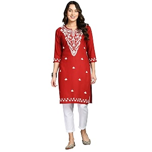 QAZMI Womens Cotton Straight Embroidered Kurti Aari