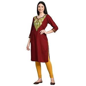 QAZMI Womens Rayon Cotton Keyhole Neck Three-Quarter