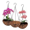 QCQHDU 3 Pack 10 inch Hanging Orchid Baskets for Plants Outdoor, Hanging Orchid Planter Basket with Coco Liners, Orchid Pots with Holes for Garden, Patio, Deck, Porch Plants(Love)