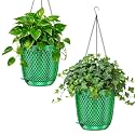 QCQHDU 7.2 Inch Self Watering Hanging Planters for Indoor Outdoor Plants,2 Pack Flower Pots Hanging Basket,Plastic Plant Hanger with Drainage Holes and 3 Hooks for Window Porch Garden Balcony, (Green)