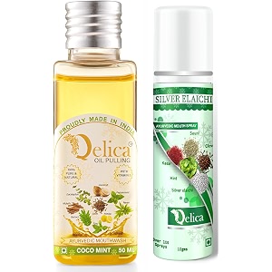 qelica ayurvedic mouthwash coco mint oil pulling 50ml and silver elachi mouth spray 10gm combo for oral care