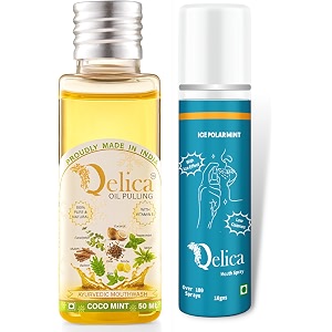 qelica ayurvedic mouthwash coco mint oil pulling 50ml and ice polar mouth spray 10gm combo for oral care