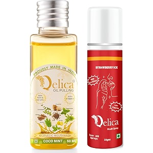 qelica ayurvedic mouthwash coco mint oil pulling 50ml and strawberry ice mouth spray 10gm combo for oral care