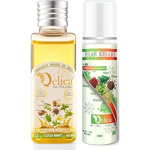 qelica ayurvedic mouthwash coco mint oil pulling 50ml and paan kesari mouth spray 10gm combo for oral care