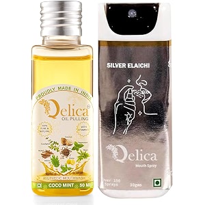 qelica ayurvedic mouthwash coco mint oil pulling 50ml and silver elaichi mouth spray 10gm combo for oral care
