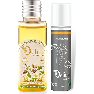 qelica ayurvedic mouthwash coco mint oil pulling 50ml and silver elachi mouth spray 10gm combo for oral care