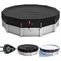 QH.HOME 28 Ft Heavy Duty Winter Pool Cover for 27/28 Ft Steel Wall Pool, 4 ft Overlap (32 ft Cover Size) [Excellent Windproof ] Fast Tightening Ratchet & Counterweight Ring,Cold and UV Resistant