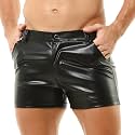 QiaTi Men's PU Leather Shorts Elastic Waist Rave Hot Short Pants Zipper Men Sexy Shorts with Pockets for Club Men