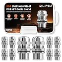 QILIPSU 10pcs 1/2" NPT 304 Stainless Steel Cable Gland Waterproof IP68 Metal Strain Relief Cord Grip Cable Long Thread Pass Through Wire Connector