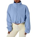 QINSEN Women's Full Zip Fleece Short Jacket Warm Winter Long Sleeve Stand Collar Sherpa Crop Coat