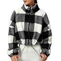 QINSEN Women's Full Zip Fleece Short Jacket Warm Winter Long Sleeve Stand Collar Sherpa Crop Coat