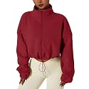 QINSEN Women's Full Zip Fleece Short Jacket Warm Winter Long Sleeve Stand Collar Sherpa Crop Coat