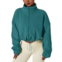 QINSEN Women's Full Zip Fleece Short Jacket Warm Winter Long Sleeve Stand Collar Sherpa Crop Coat