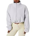QINSEN Women's Full Zip Fleece Short Jacket Warm Winter Long Sleeve Stand Collar Sherpa Crop Coat
