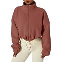 QINSEN Women's Full Zip Fleece Short Jacket Warm Winter Long Sleeve Stand Collar Sherpa Crop Coat