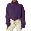 QINSEN Women's Full Zip Fleece Short Jacket Warm Winter Long Sleeve Stand Collar Sherpa Crop Coat