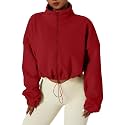 QINSEN Women's Full Zip Fleece Short Jacket Warm Winter Long Sleeve Stand Collar Sherpa Crop Coat