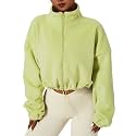 QINSEN Women's Full Zip Fleece Short Jacket Warm Winter Long Sleeve Stand Collar Sherpa Crop Coat