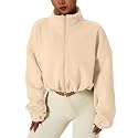 QINSEN Women's Full Zip Fleece Short Jacket Warm Winter Long Sleeve Stand Collar Sherpa Crop Coat