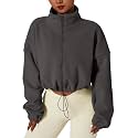 QINSEN Women's Full Zip Fleece Short Jacket Warm Winter Long Sleeve Stand Collar Sherpa Crop Coat