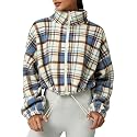 QINSEN Women's Full Zip Fleece Short Jacket Warm Winter Long Sleeve Stand Collar Sherpa Crop Coat