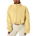 QINSEN Women's Full Zip Fleece Short Jacket Warm Winter Long Sleeve Stand Collar Sherpa Crop Coat