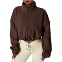 QINSEN Women's Full Zip Fleece Short Jacket Warm Winter Long Sleeve Stand Collar Sherpa Crop Coat