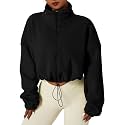 QINSEN Women's Full Zip Fleece Short Jacket Warm Winter Long Sleeve Stand Collar Sherpa Crop Coat