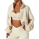 QINSEN Women's Full Zip Fleece Short Jacket Warm Winter Long Sleeve Stand Collar Sherpa Crop Coat