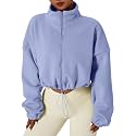 QINSEN Women's Full Zip Fleece Short Jacket Warm Winter Long Sleeve Stand Collar Sherpa Crop Coat
