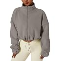 QINSEN Women's Full Zip Fleece Short Jacket Warm Winter Long Sleeve Stand Collar Sherpa Crop Coat