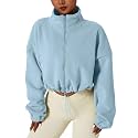 QINSEN Women's Full Zip Fleece Short Jacket Warm Winter Long Sleeve Stand Collar Sherpa Crop Coat